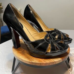 Cole Haan Charlize black Pat leather peep-toe high cone heel pumps woman size 9